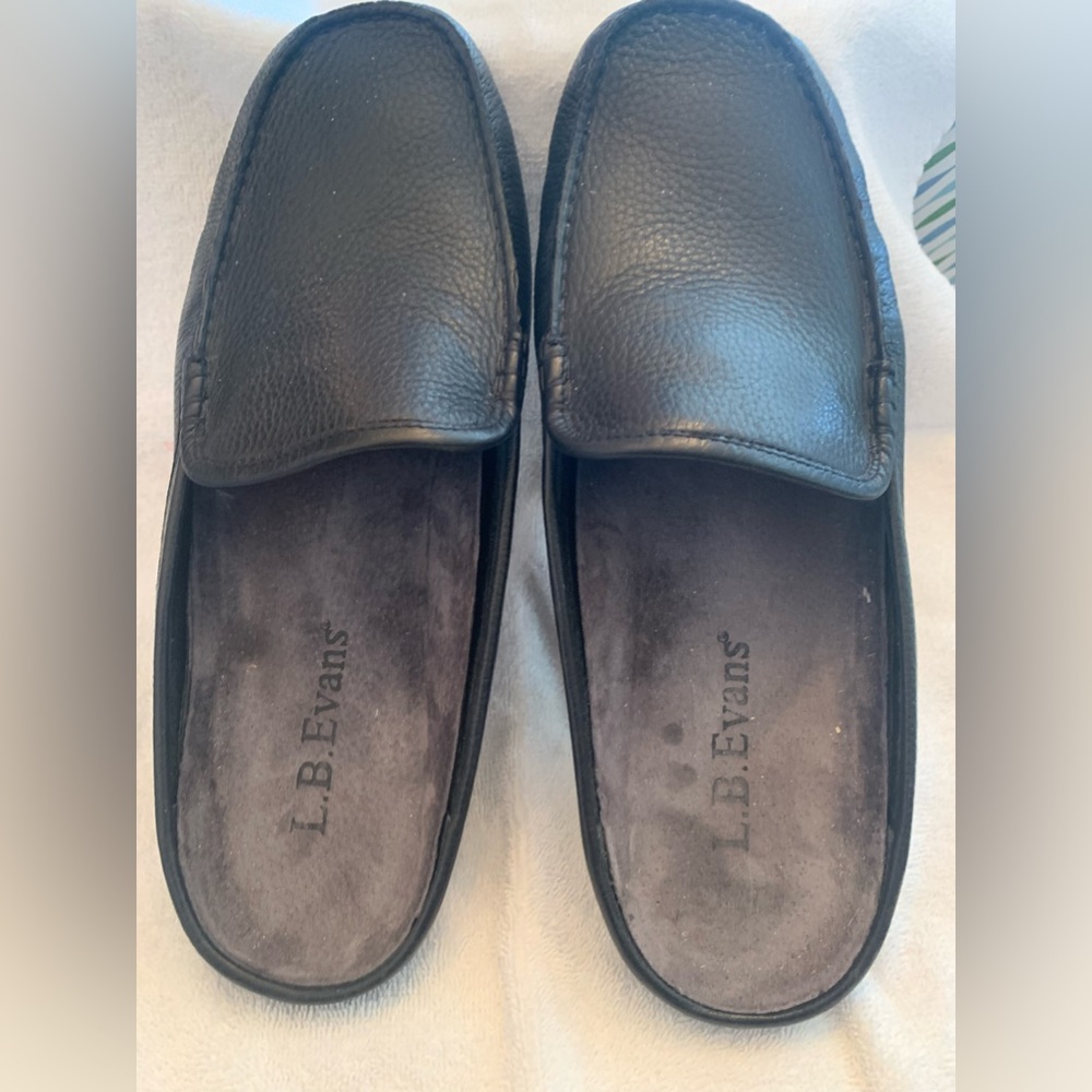 Black gently worn leather L.B. Evans slides.